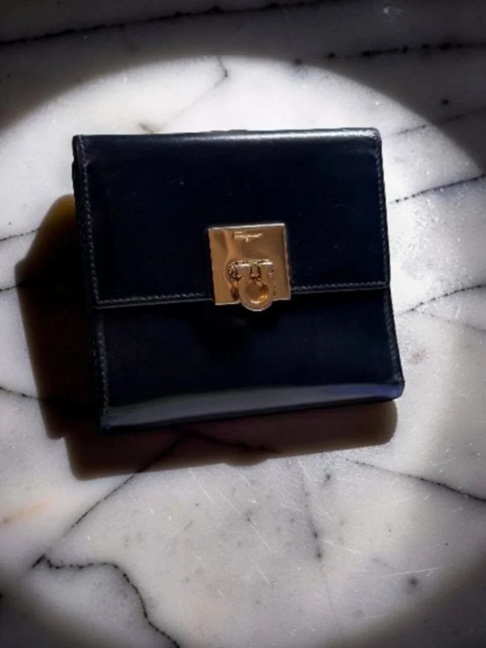 SALVATORE FERRAGAMO Gancini Mini Tri Fold Smooth Leather Wallet Black
